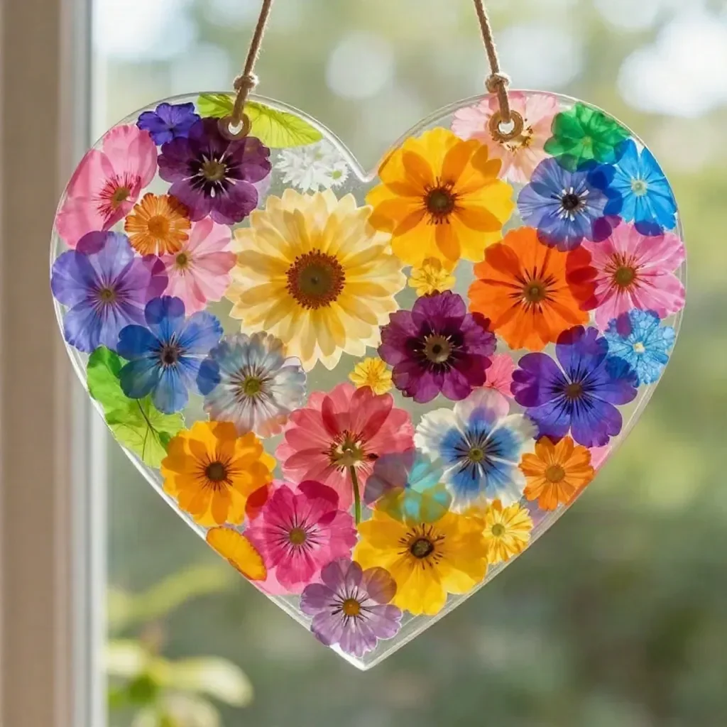 Rainbow heart wall art created using beautiful pressed flowers