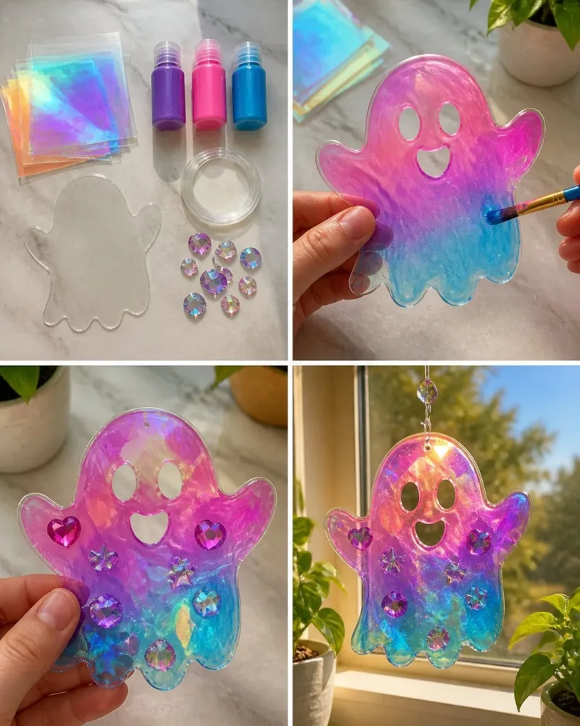 Rainbow holographic ghost suncatcher casting colorful light reflections