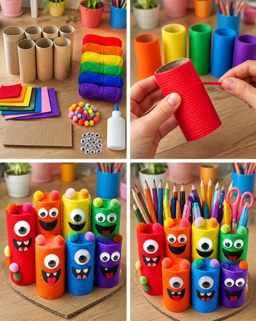 Colorful Rainbow Monster Pencil Cup for garden decoration and organization.
