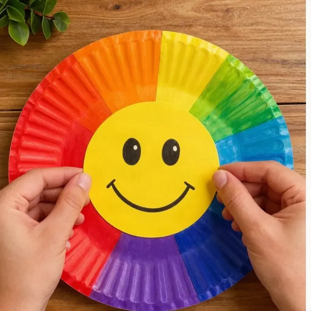 Kids creating a Rainbow Paper Plate Sun Craft for a fun activity