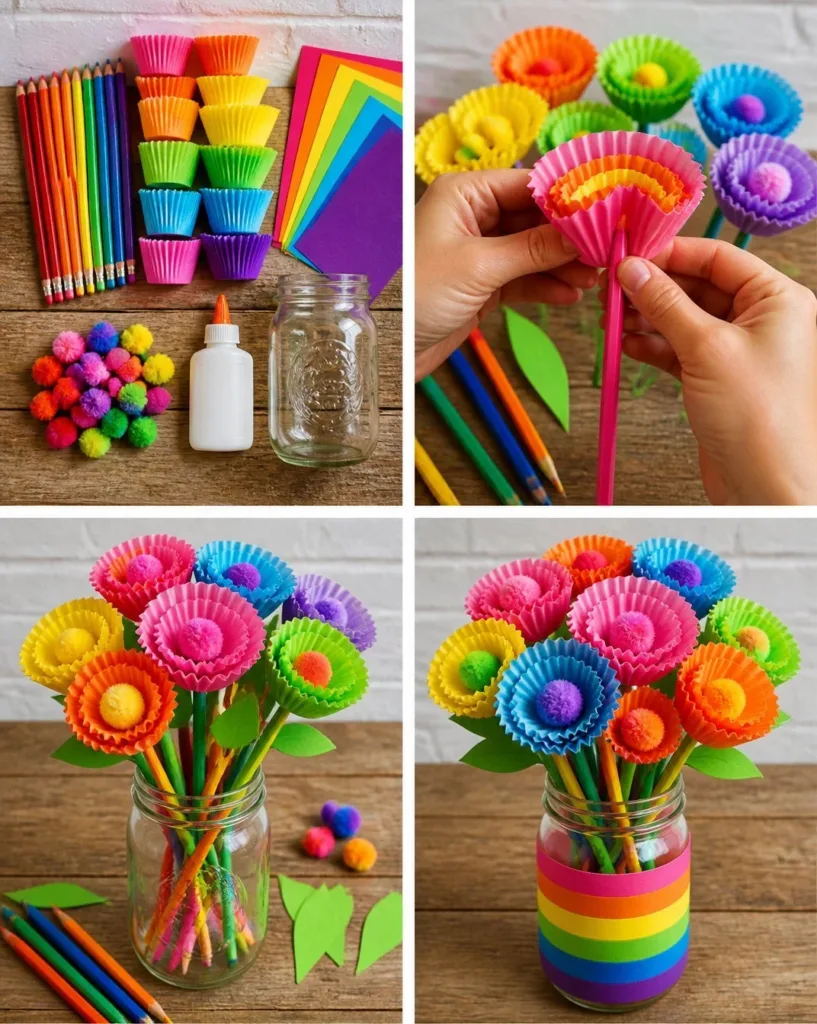 Colorful rainbow pencil flower bouquet for back-to-school decor