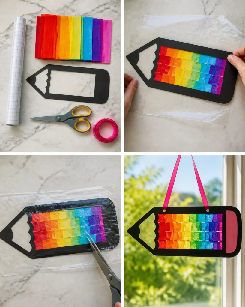 Colorful rainbow pencil sun catcher craft created by kids