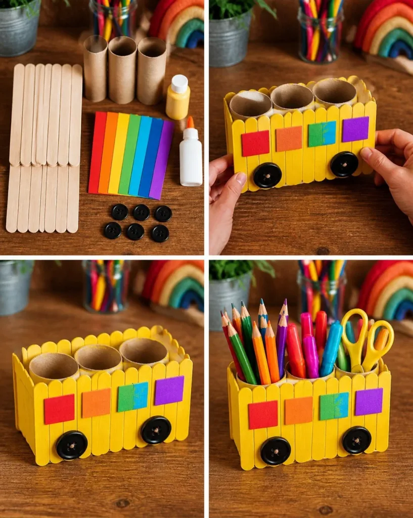Rainbow school bus popsicle stick organizer for kids' crafts