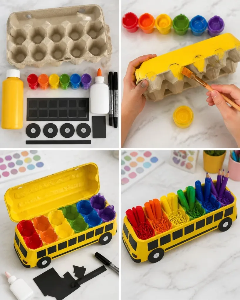 Rainbow-themed egg carton organizer for school bus craft projects.