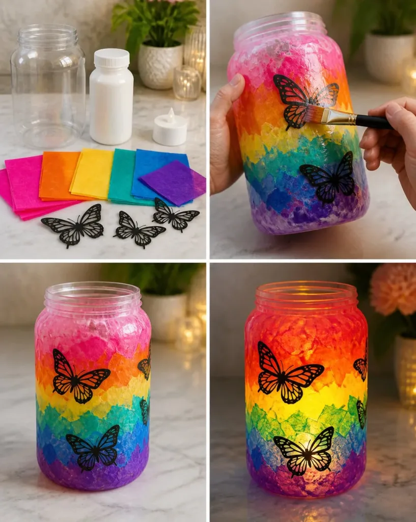 Colorful rainbow tissue paper butterfly lantern for DIY home decor