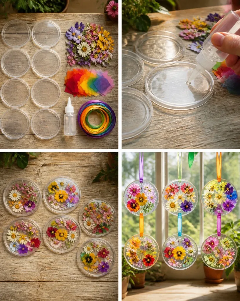 Rainbow window medallions featuring colorful pressed flowers