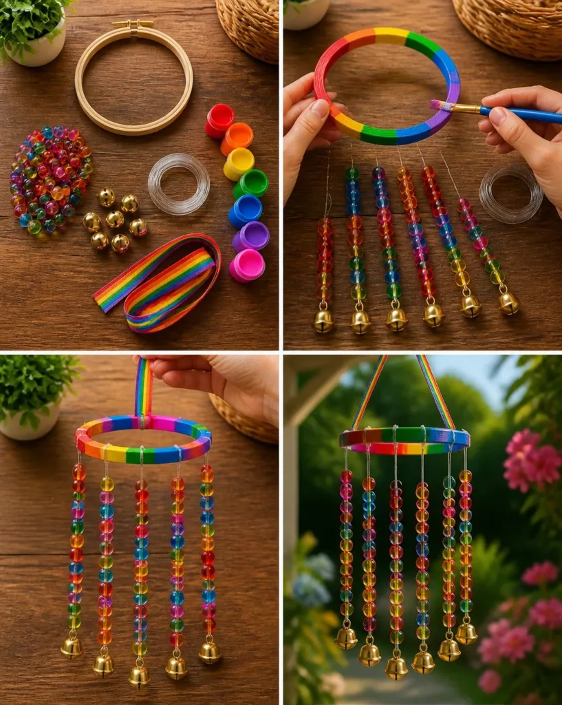 Vibrant beaded wind chime adding color to garden decor