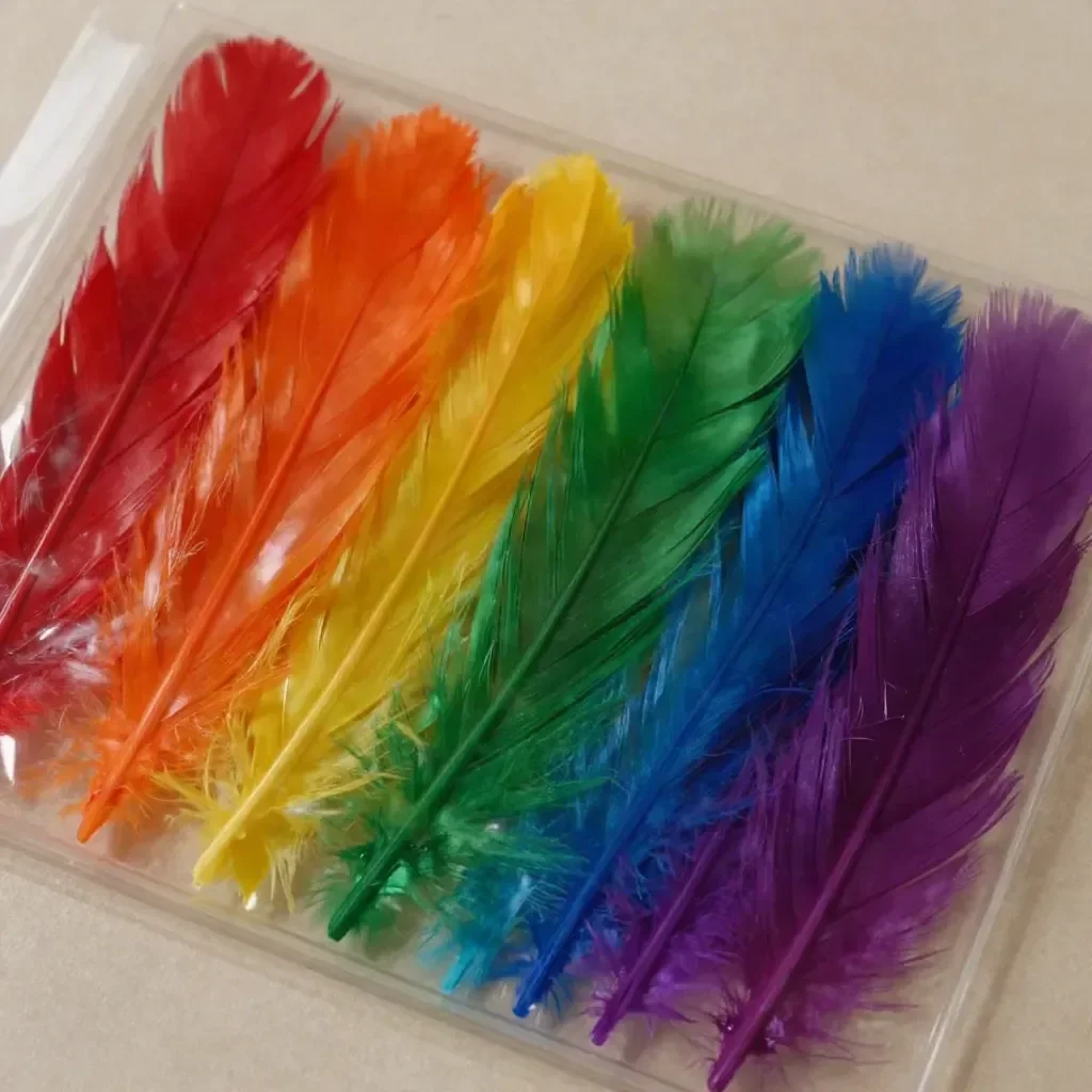 Vibrant rainbow feather window art for colorful home decor