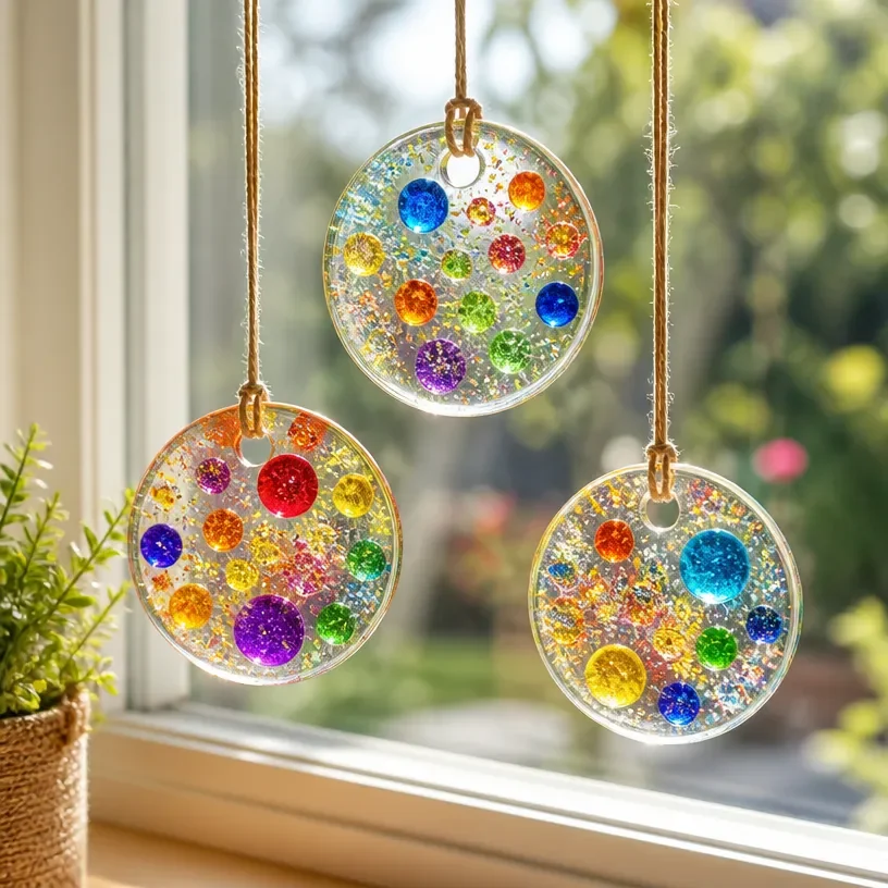 Colorful glass suncatchers hanging in a window, creating vibrant light reflections.
