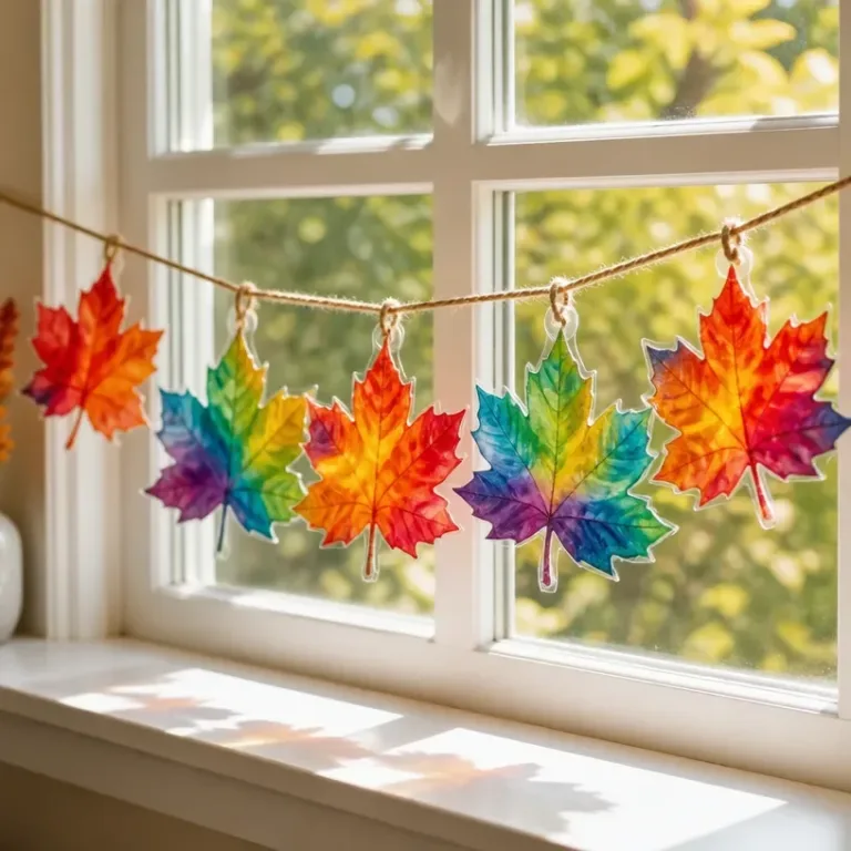 Colorful marbled maple leaf window garland for autumn home decor