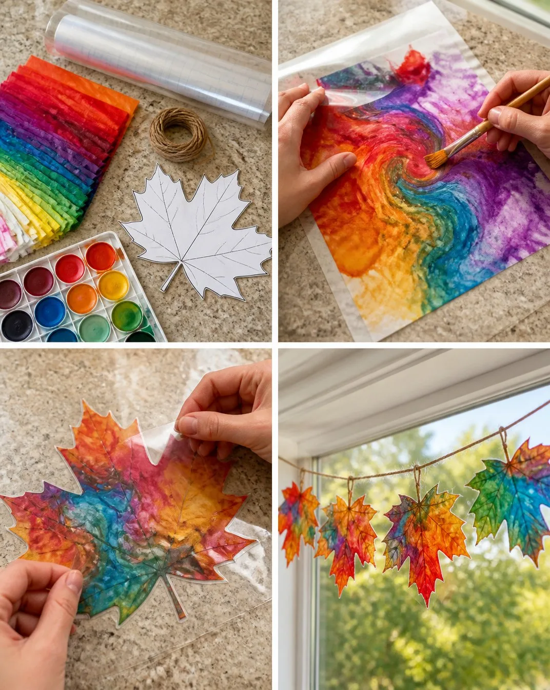 Colorful Marbled Maple Leaf Window Garland for Home Decor 3 Rainbow Marbled Maple Leaf Window Garland