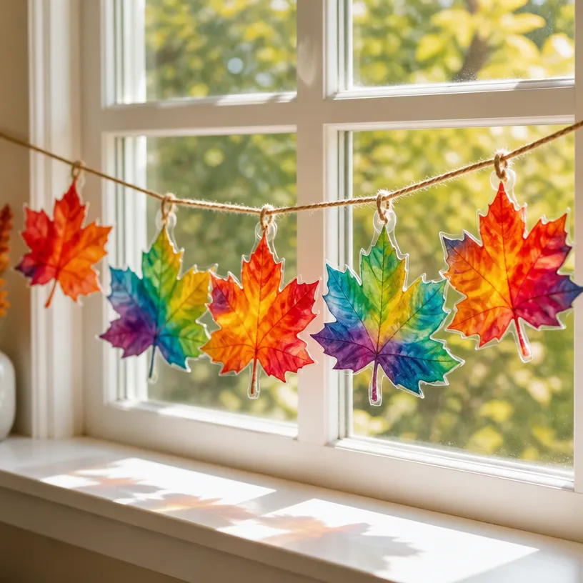 Colorful Marbled Maple Leaf Window Garland for Home Decor 4 Rainbow Marbled Maple Leaf Window Garland