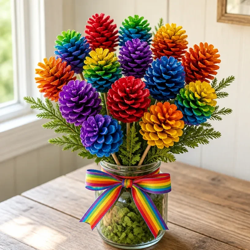 Colorful rainbow pinecone bouquet for vibrant home decoration