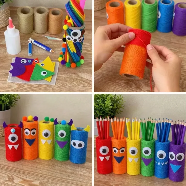 Colorful rainbow monster pencil holders for kids' desks and organization