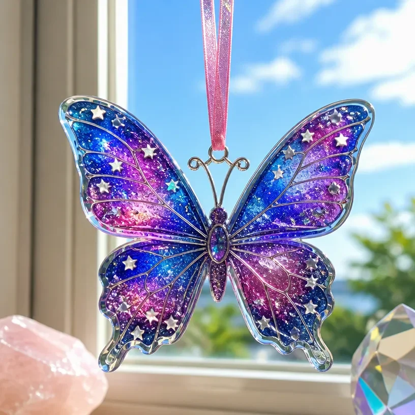 Cosmic butterfly window suncatcher for galaxy-inspired decor.