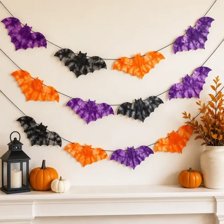 Colorful DIY bat garland made from tie-dye coffee filters for Halloween decoration