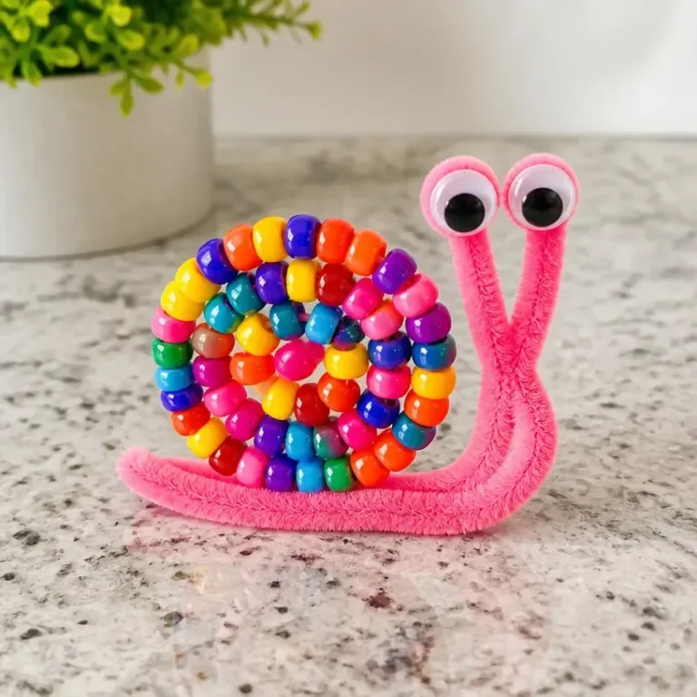Colorful DIY beaded snail craft made with pipe cleaners and beads