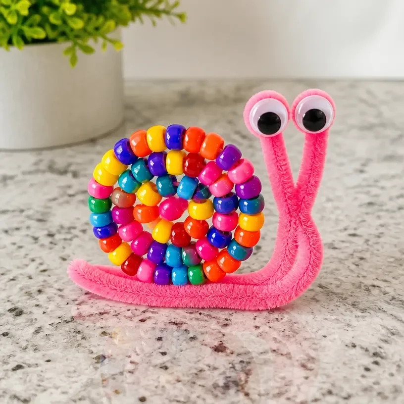 Colorful DIY beaded snail craft made with pipe cleaners and beads