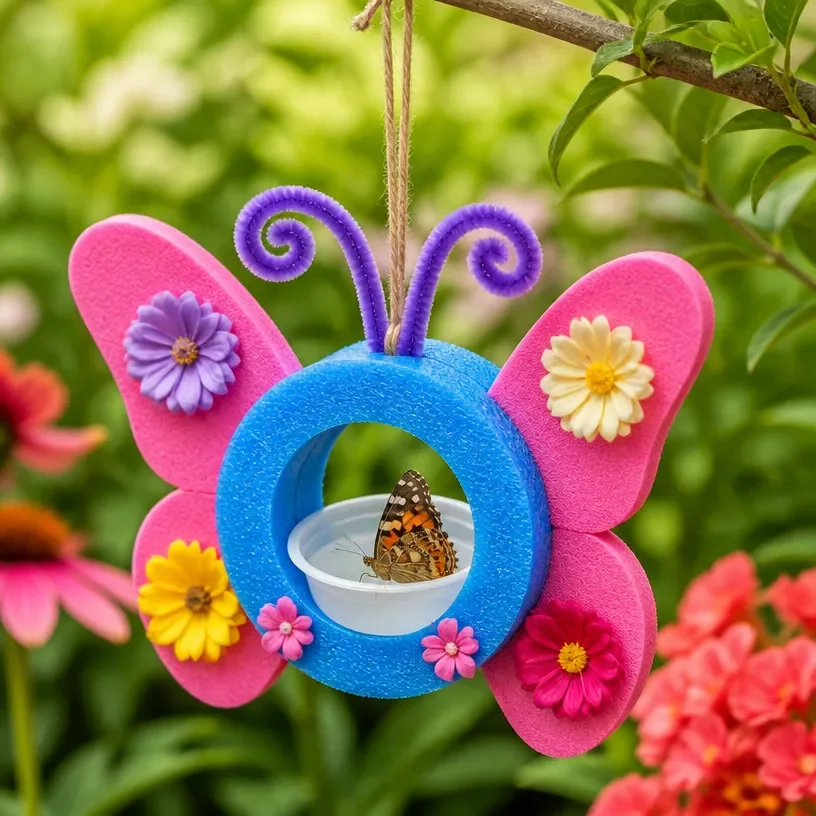 DIY butterfly nectar station made with pool noodles for attracting butterflies.