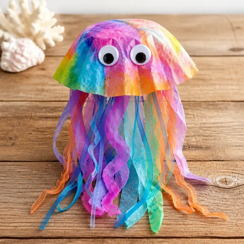 Colorful coffee filter jellyfish craft tutorial for kids
