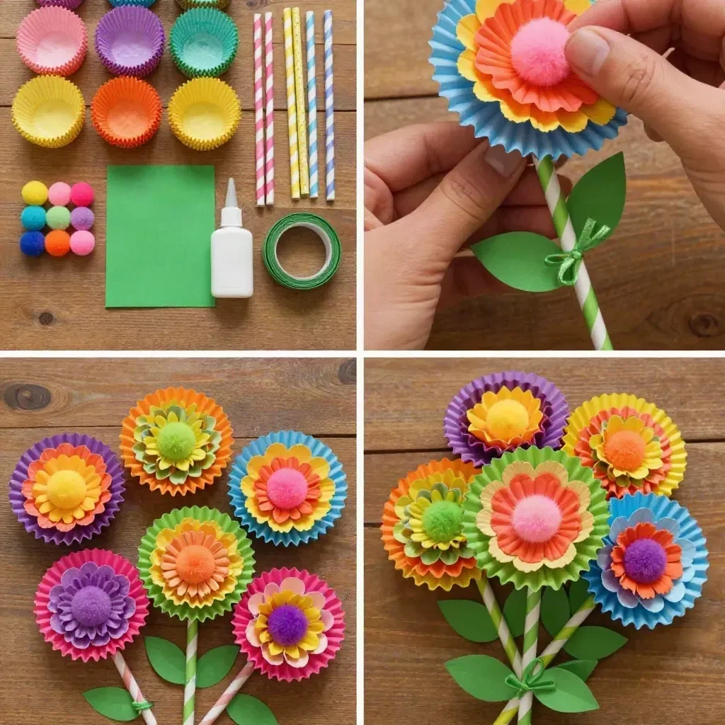 Colorful cupcake-liner floral bouquet DIY project showcasing vibrant flowers.