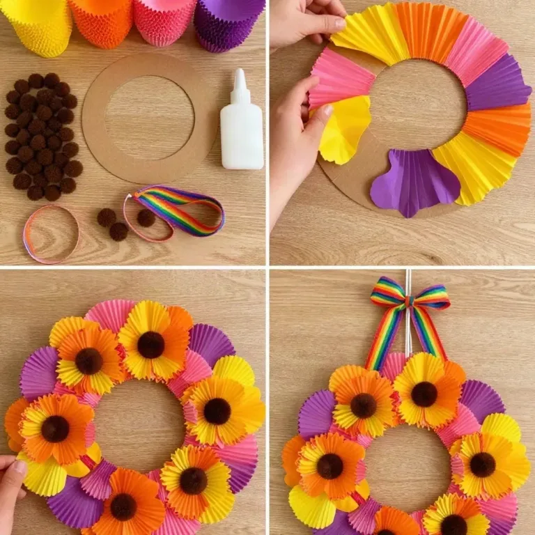 DIY colorful cupcake-liner sunflower wreath for home decor