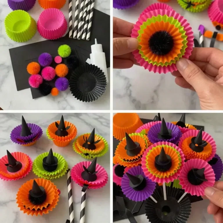 DIY colorful witch flower bouquet made from cupcake liners