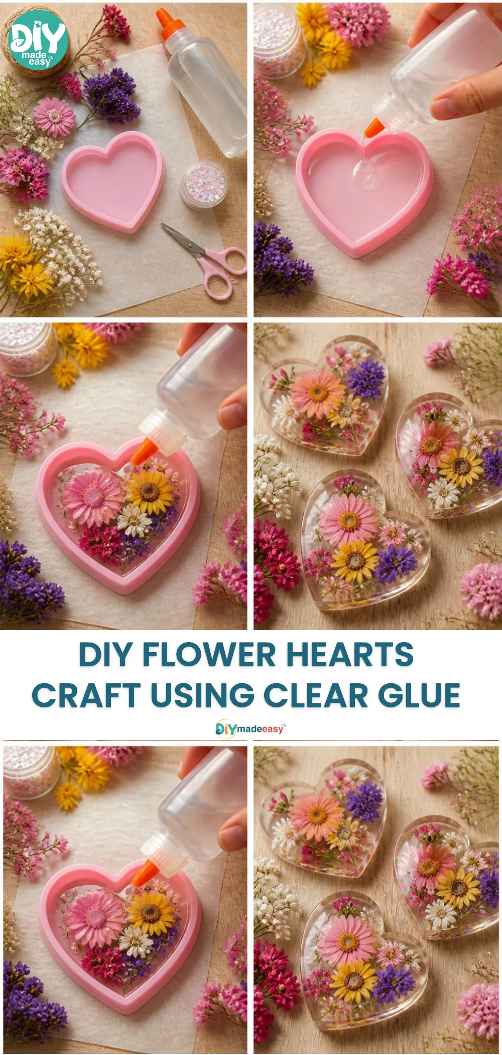 DIY Flower Hearts Craft Using Clear Glue