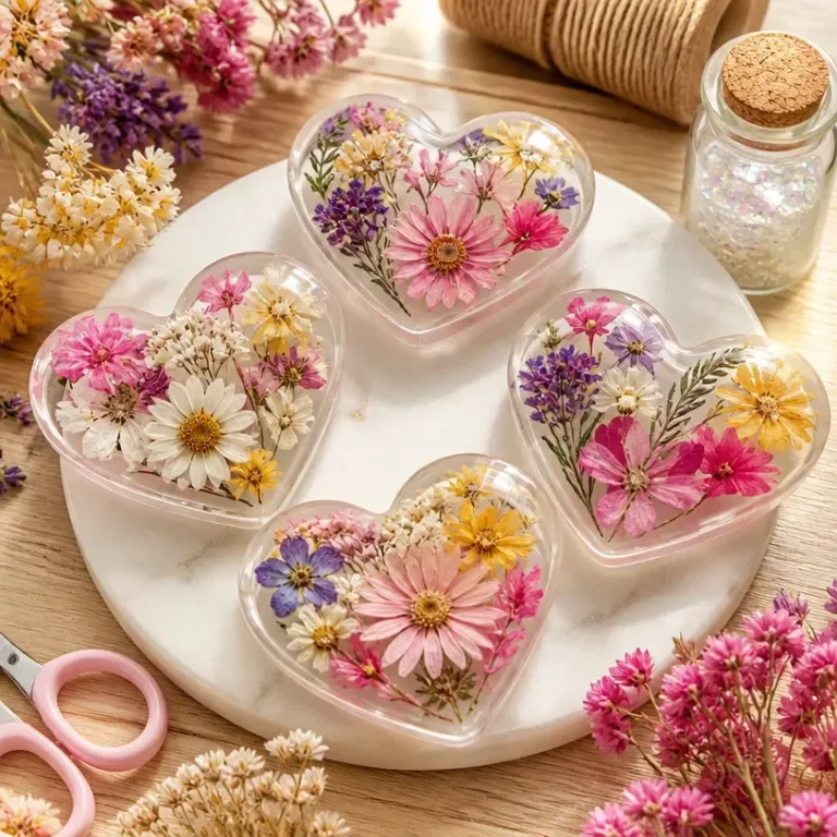 DIY flower hearts craft project using clear glue for creative decor