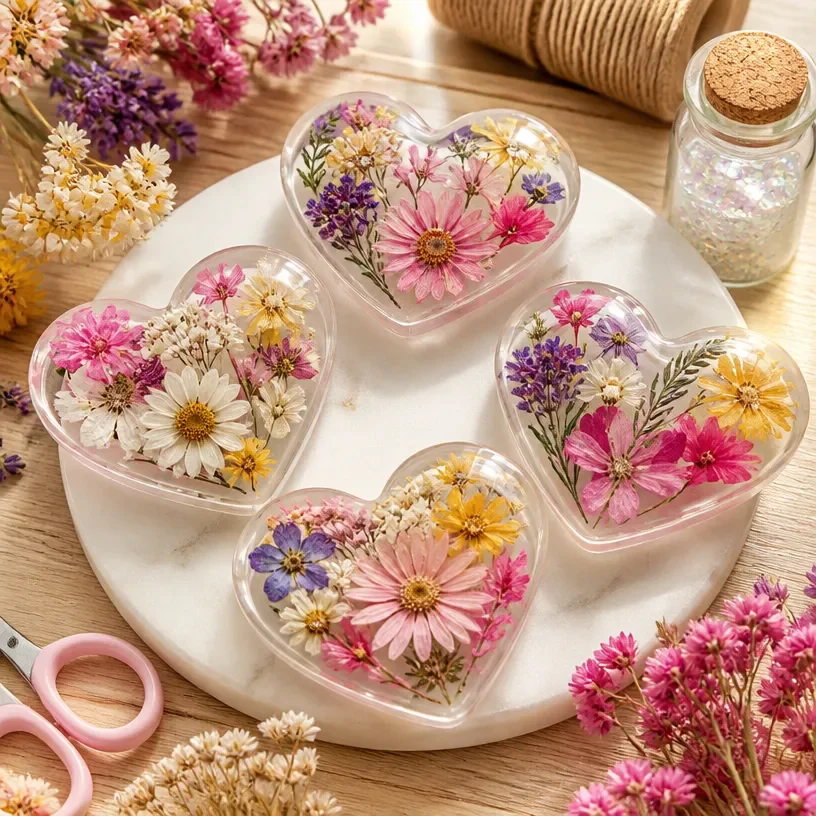 DIY flower hearts craft project using clear glue for creative decor