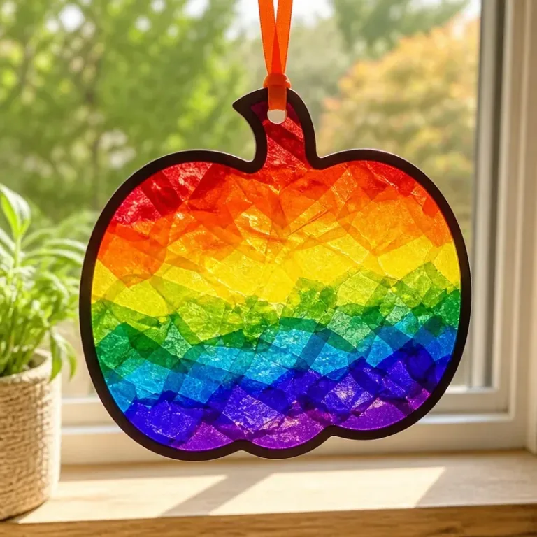 Home 31 DIY melted crayon pumpkin suncatcher tutorial with vibrant colors.