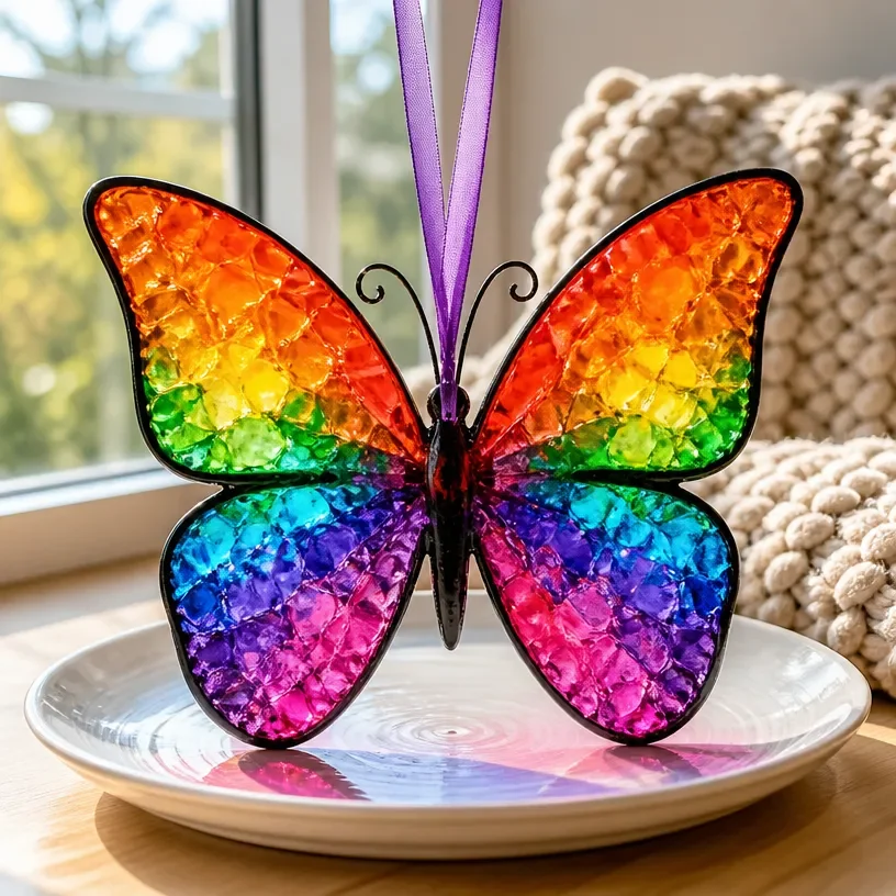 DIY melted crayon rainbow butterfly suncatcher hanging in window