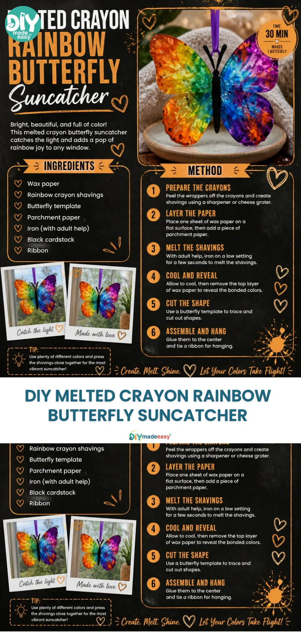 DIY Melted Crayon Rainbow Butterfly Suncatcher