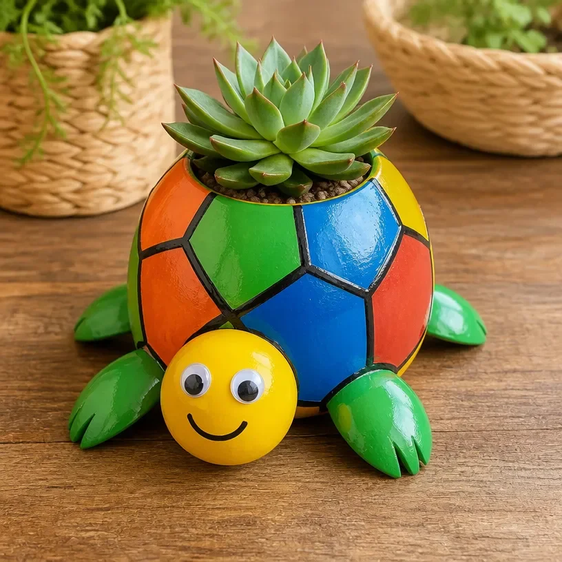 Colorful DIY turtle planter made from plastic spoons