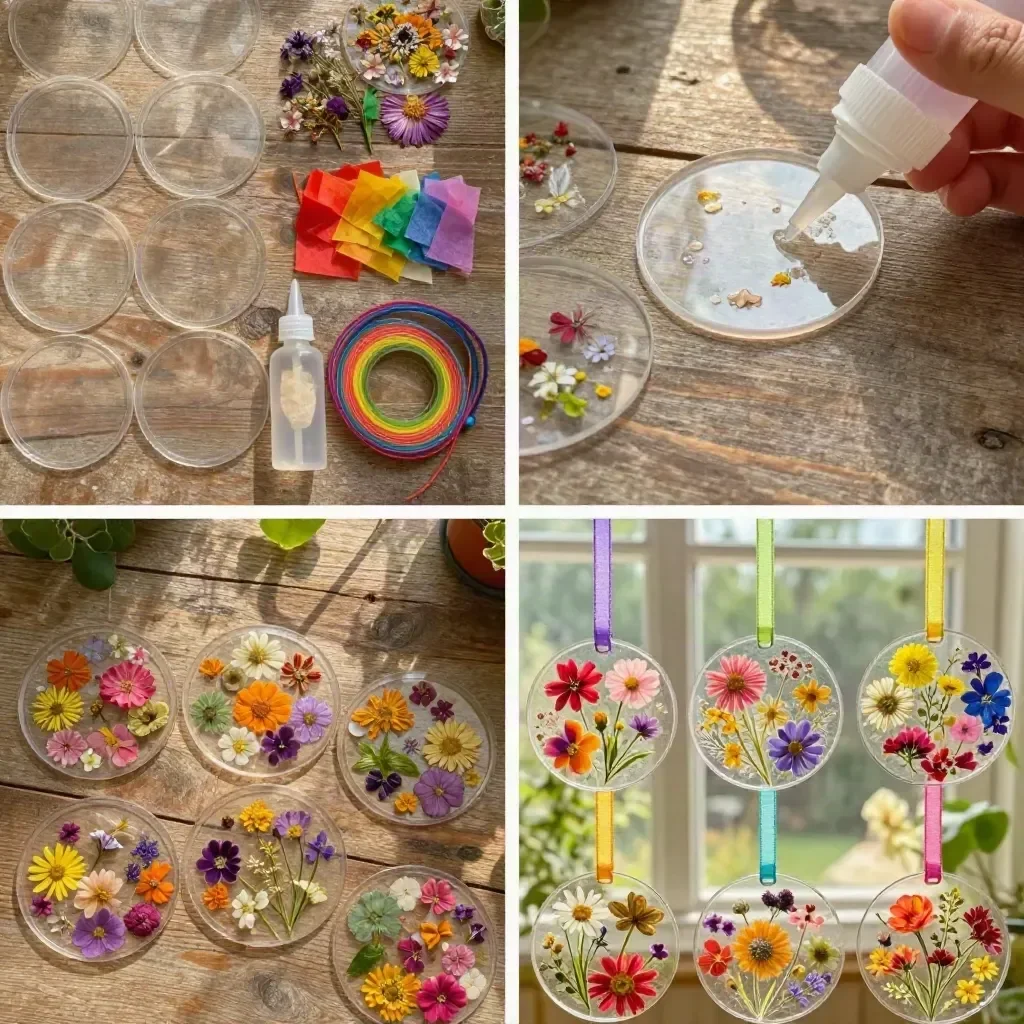 DIY pressed flower rainbow window medallions for vibrant home decor