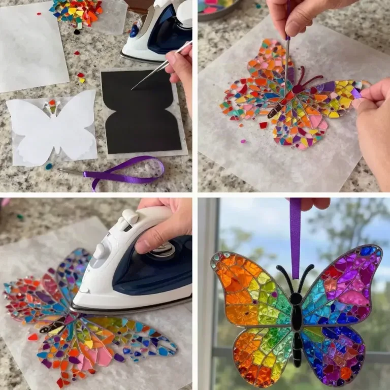 Colorful DIY rainbow crayon melt suncatcher hanging in a window