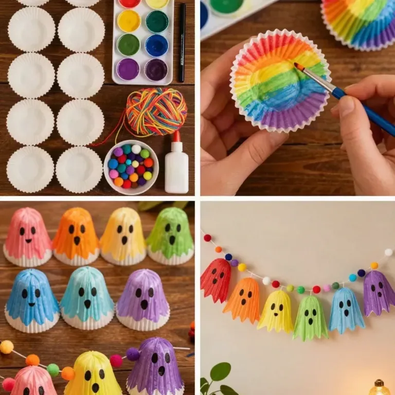 DIY Rainbow Ghost Cupcake Liner Garland for colorful party decor