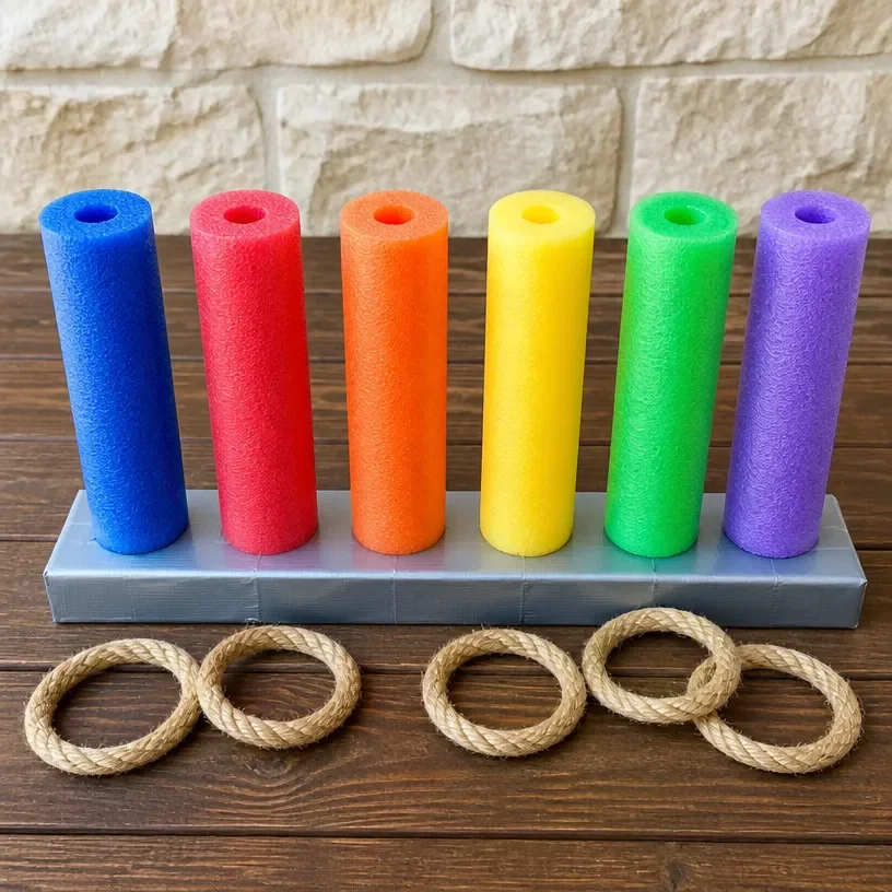 Colorful DIY Rainbow Pool Noodle Ring Toss game for summer fun.