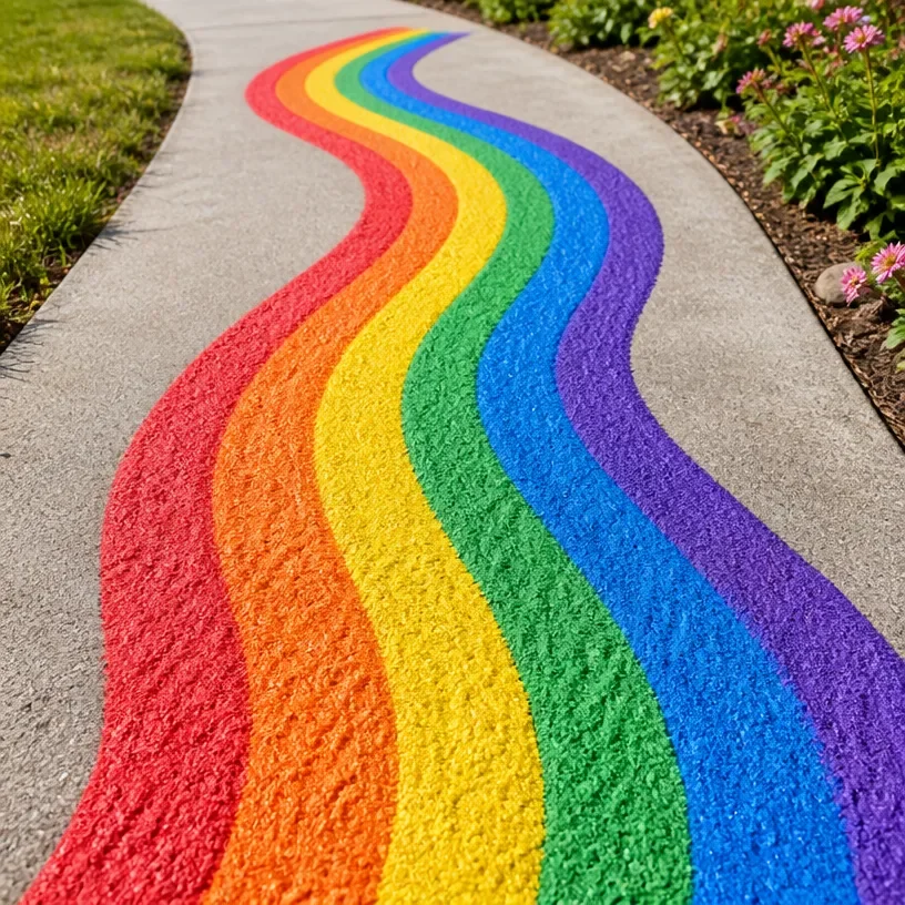 Colorful sidewalk art made with DIY rainbow puffy paint.