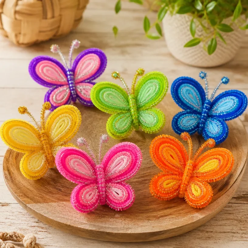 Colorful DIY pipe-cleaner butterflies tutorial with sparkling details