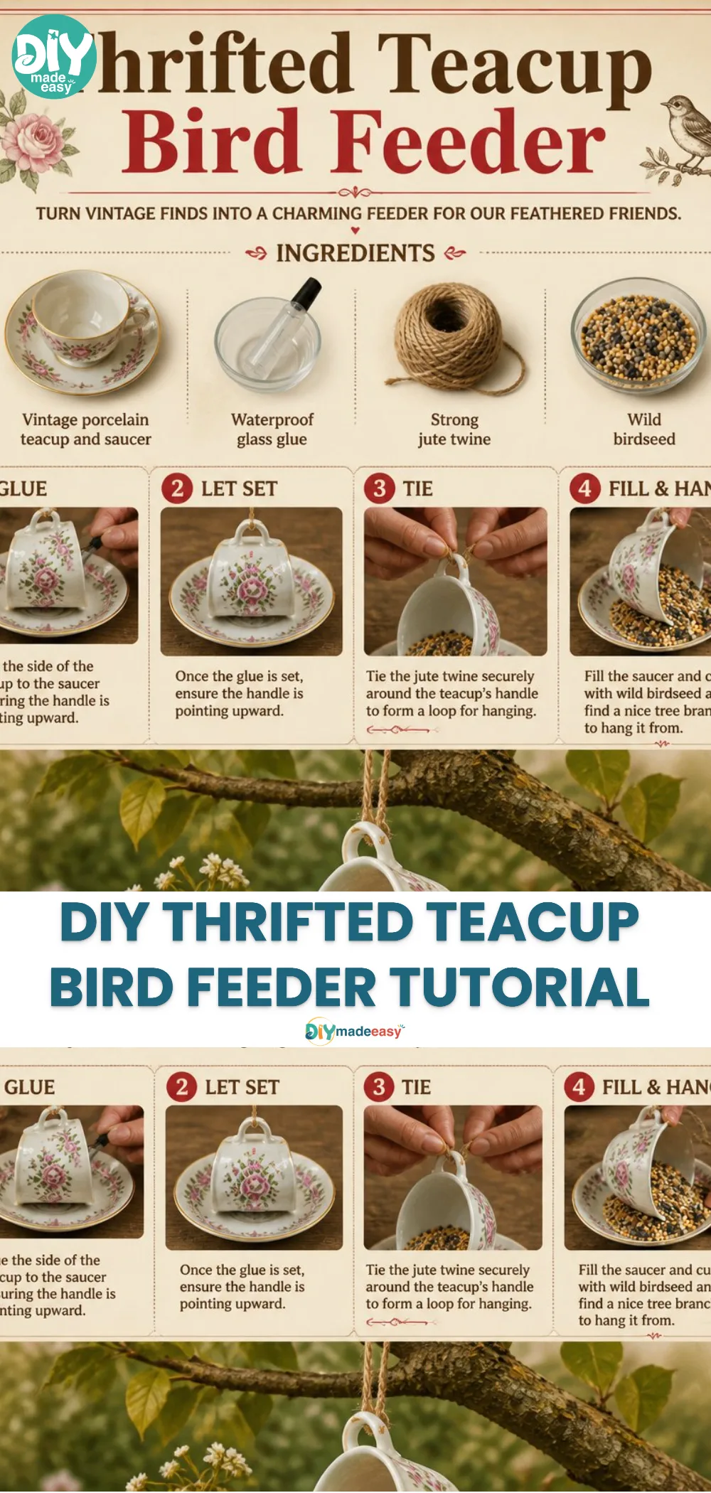 DIY Thrifted Teacup Bird Feeder Tutorial