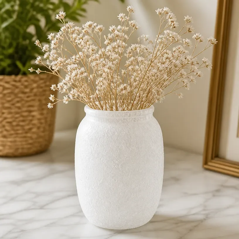 Frosted glass vase with cornstarch texture, ideal for home decor and flowers