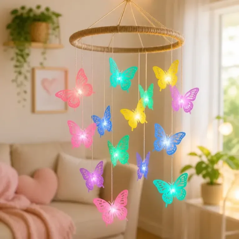 Glow-in-the-dark butterfly nursery mobile with soft lighting hanging in a baby's room.