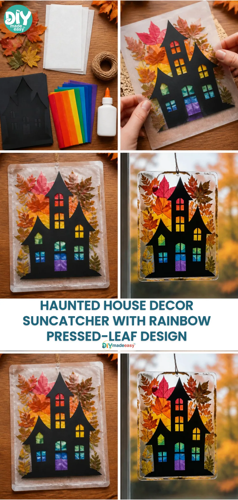 Haunted House Decor Suncatcher with Rainbow Pressed-Leaf Design