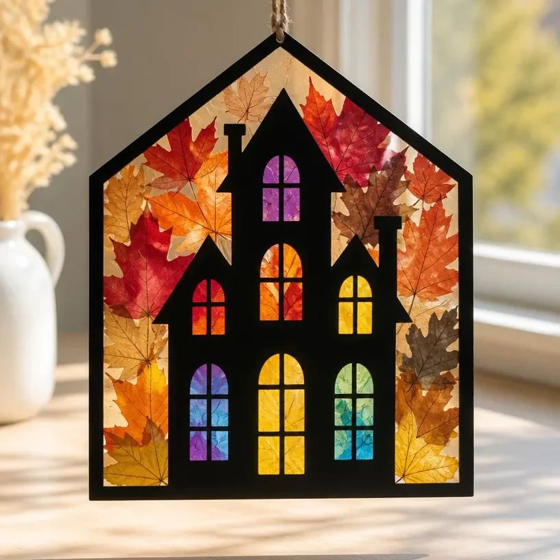 Haunted House Decor Suncatcher with Rainbow Pressed-Leaf Design