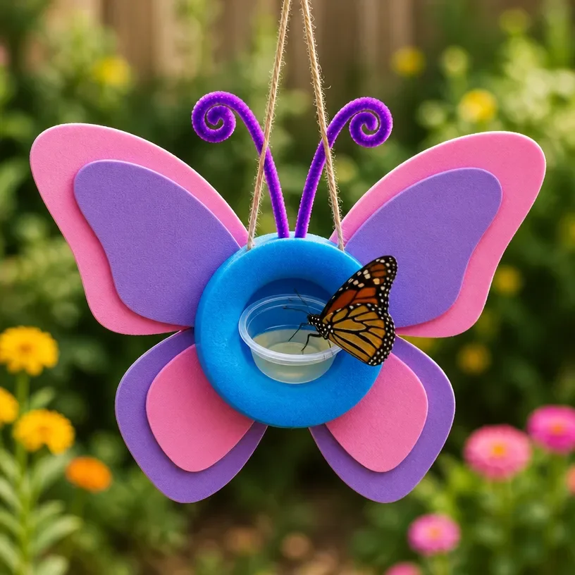 DIY pool noodle butterfly feeder attracting butterflies in a garden