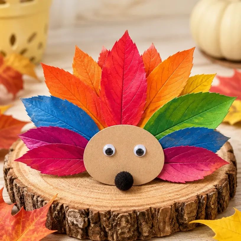 DIY rainbow leaf hedgehog craft made from colorful leaves