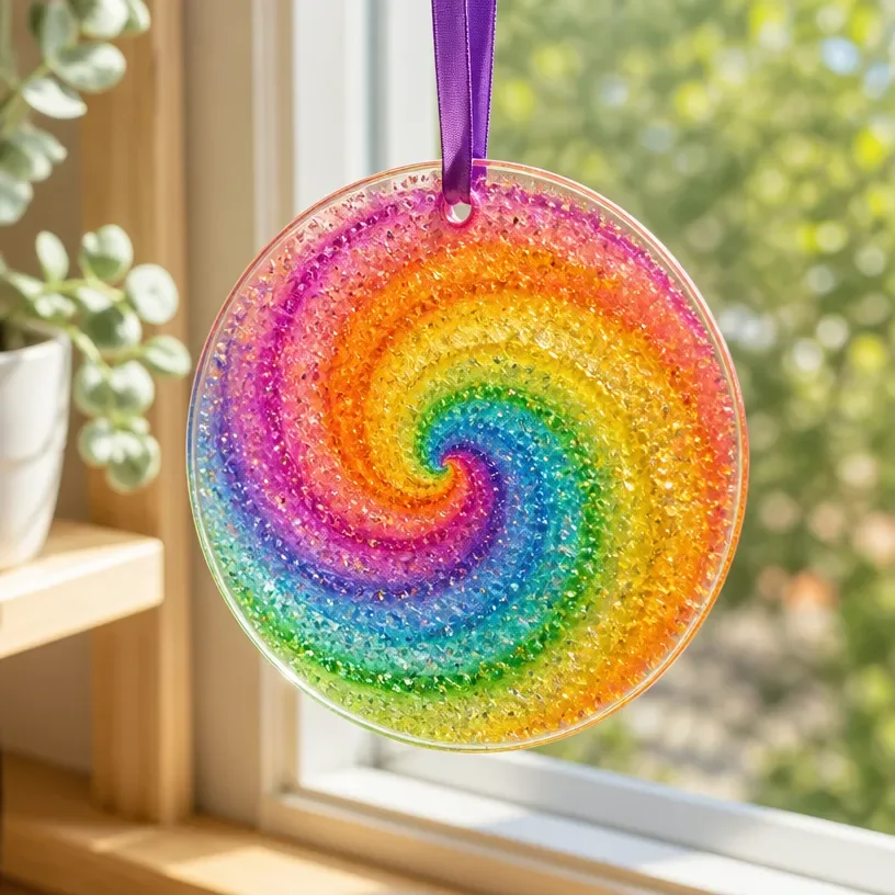 Colorful swirled glue suncatchers hanging in a window for decorative flair.