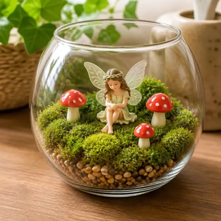 DIY Mossy Glass Bowl Fairy Garden tutorial showcasing creative miniature design.