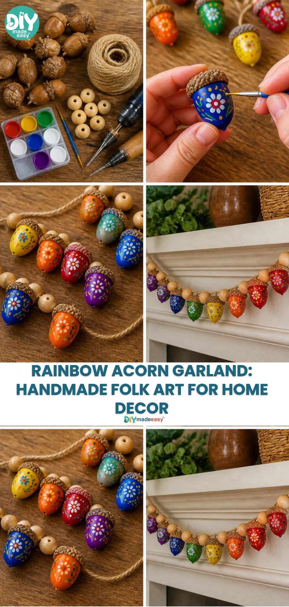 Rainbow Acorn Garland: Handmade Folk Art for Home Decor